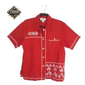 Erin London Red Embroidered Women's Shirt 🌴 Small Palm Trees Linen Blend